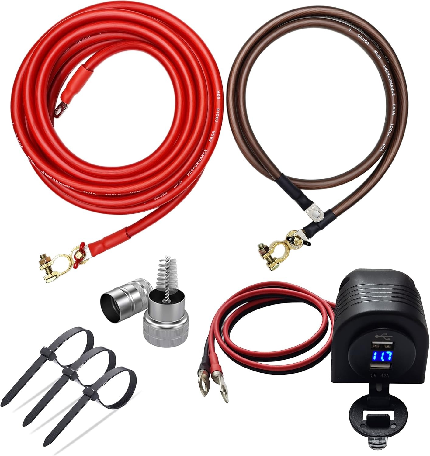 Battery Relocation Kit -2 AWG Cable, Top Post 16 FT BLACK/ 4 FT BLACK, VOLTMETER
