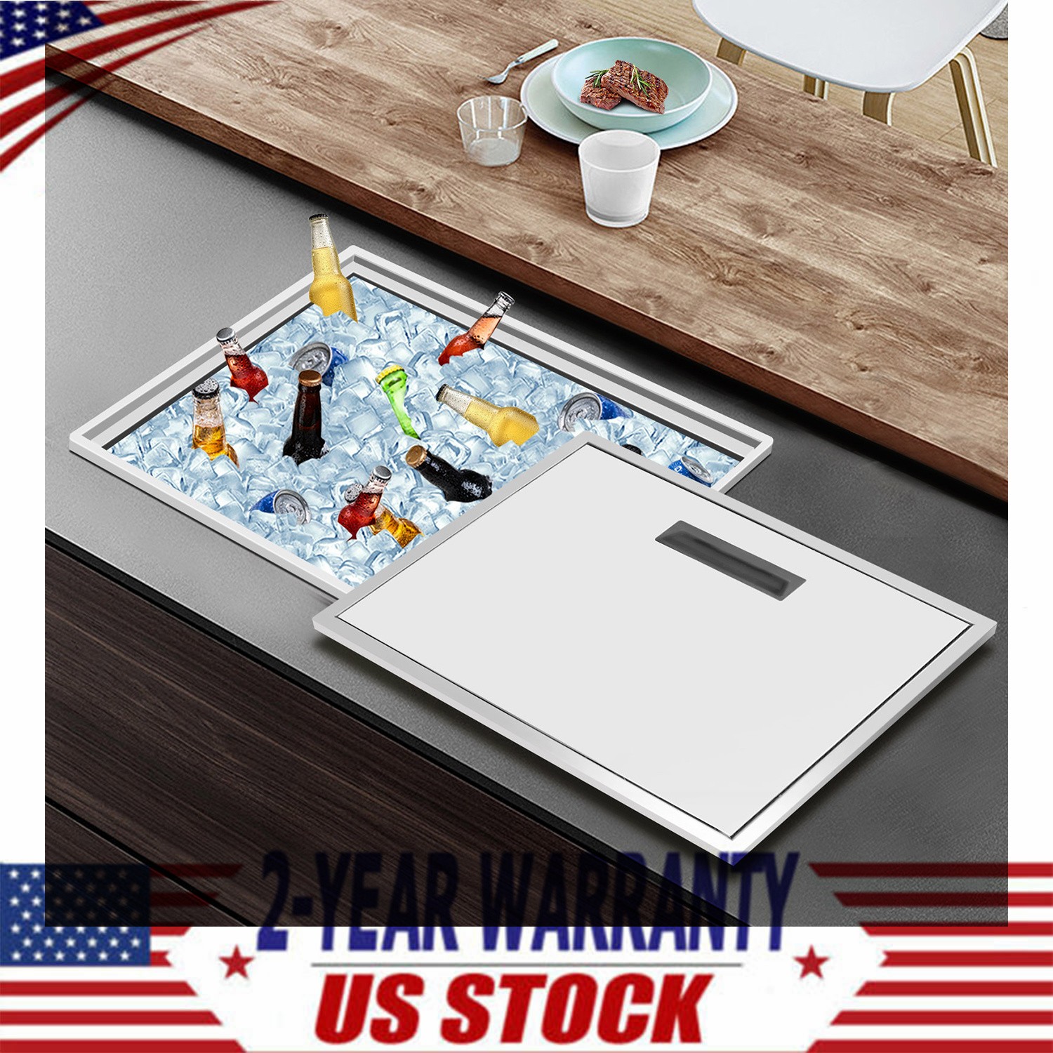 Drop-in Ice Bin Chest Cooler Stainless Steel Removable Lid Cover 22x17x12 inch