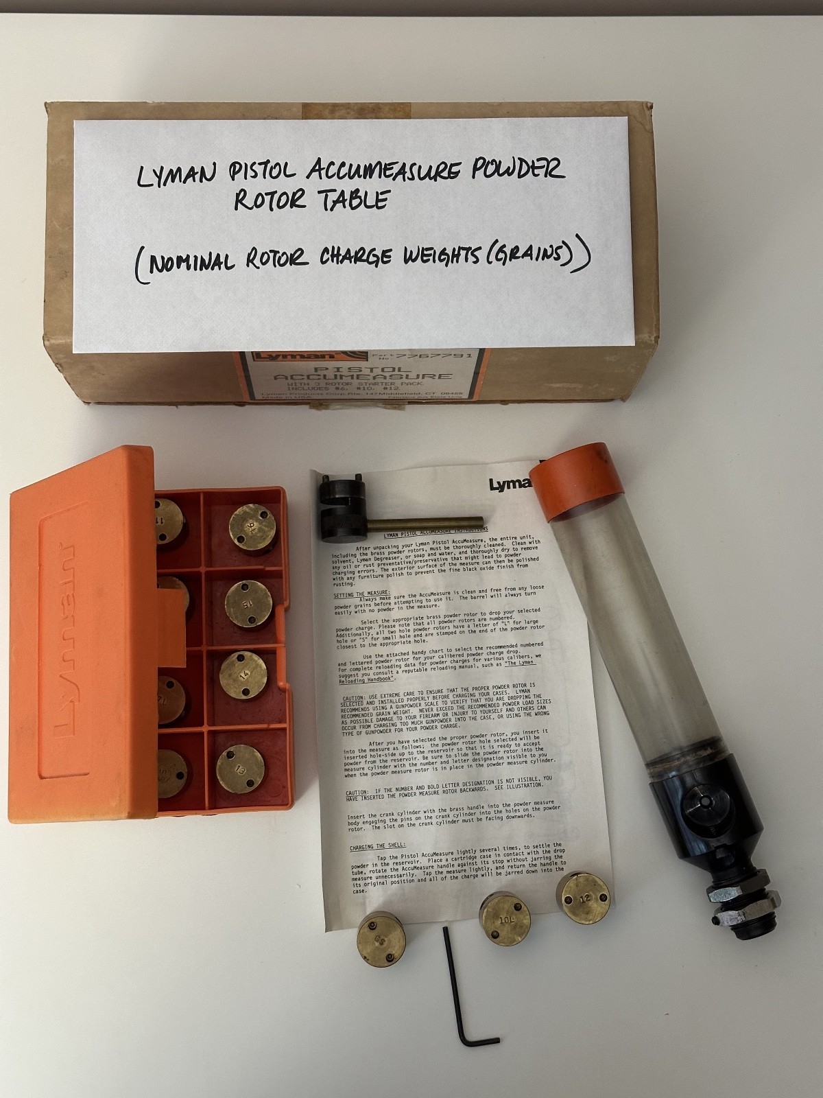 Vintage LYMAN Pistol Accumeasure w/ 15 Rotors and Table - #7767791 and #7767800