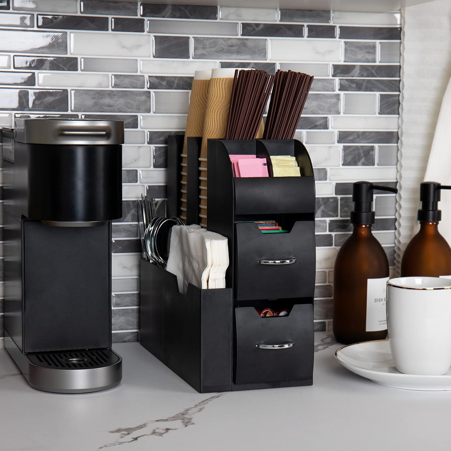 Cup and Condiment Station Organizer, 5.35 “W x 11.25 ‘L x 11.15 ’H, Black