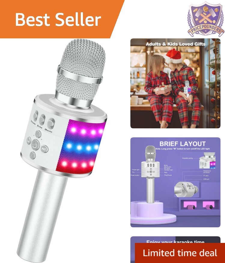 Compact Bluetooth Karaoke Microphone with Colorful LED Lights - Silver Edition