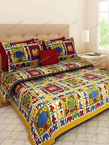 Multi Printed Home Decor Sanganeri Elaphant Print Bed Sheet With 2 Pillow Cover