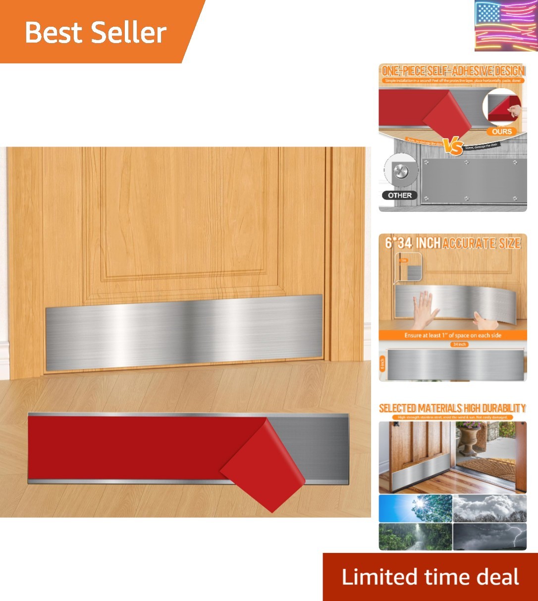 2 PCS 6" x 34" Self Adhesive Door Kick Plate for Bottom of Door, Stainless St...