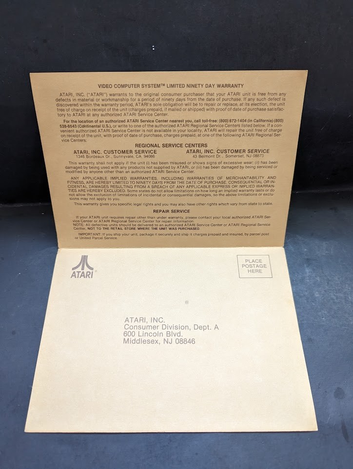 Atari 2600 Original Authentic Paper insert System Warranty Registration Card