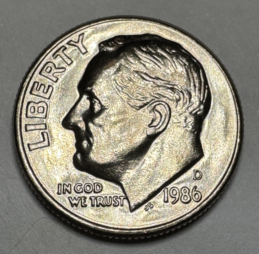 1986-D Roosevelt Dime 10cent Coin from US Mint Set. Uncirculated BU