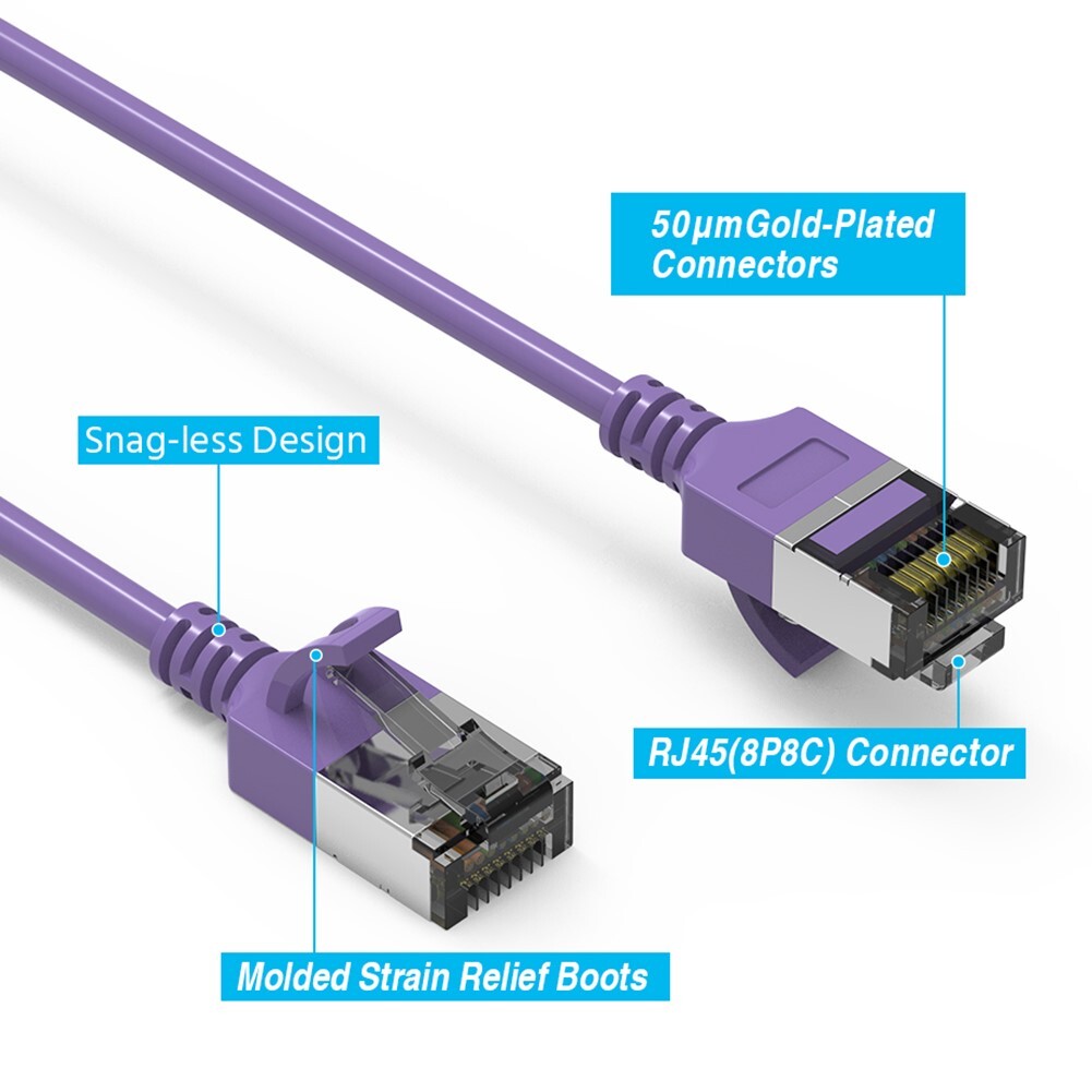 2FT Cat8 RJ45 Network LAN Ethernet U/FTP Shield Patch Cable Slim 30AWG Purple
