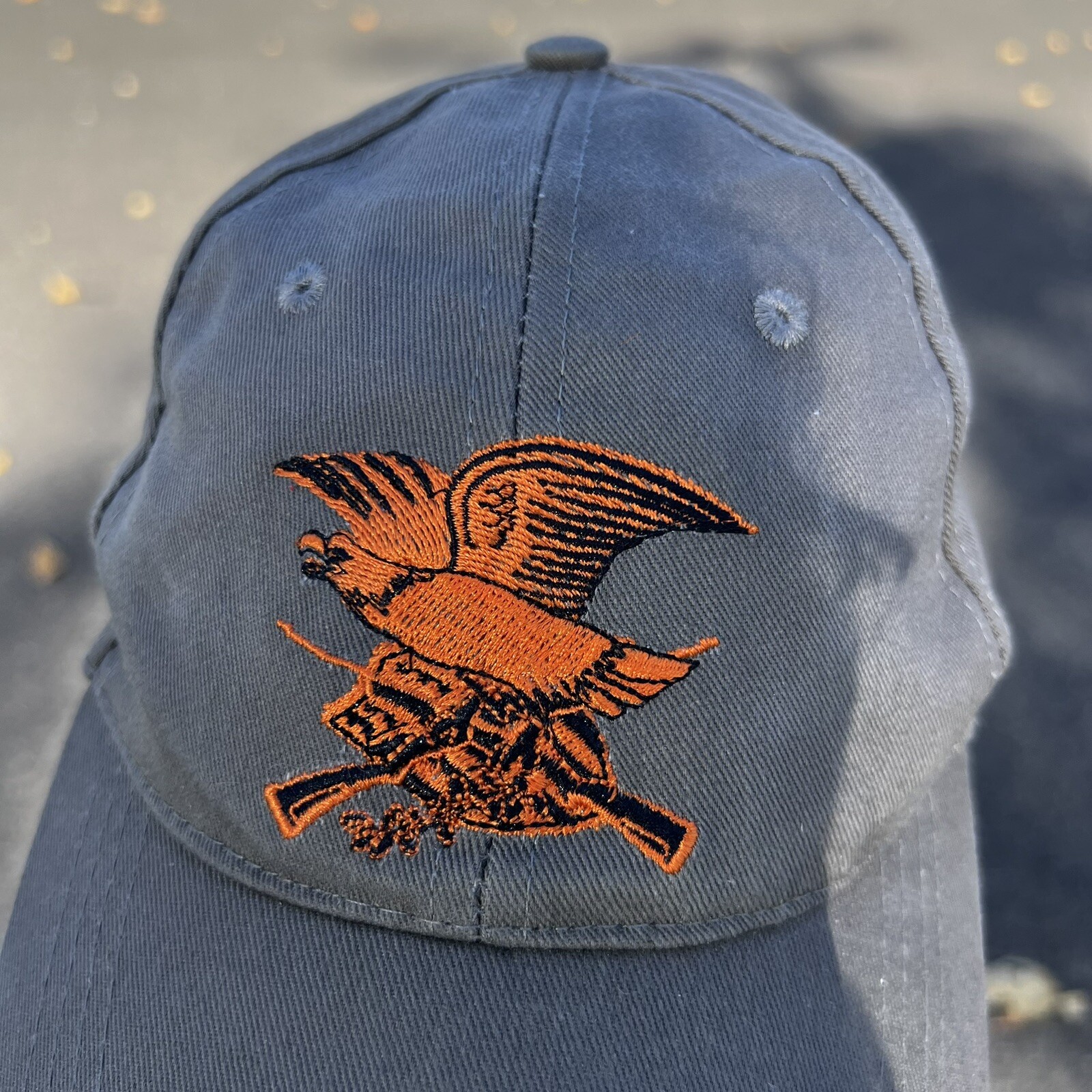 NRA on Back In Black w Orange Eagle Logo on Front on Gray Hat Cap Hook Loop