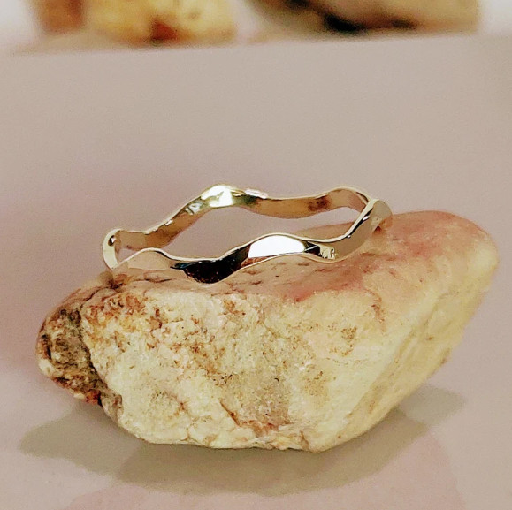 Solid Gold Hammered Wave Ring, Gold Thumb Ring, Stacking Gold Ring, Dainty Band