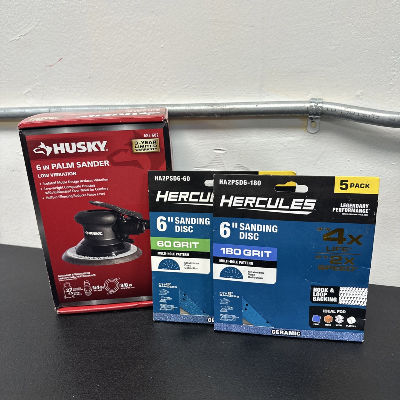 New Husky 6 in. Low Vibration Palm Sander W Hercules Removing & Smoothing Discs