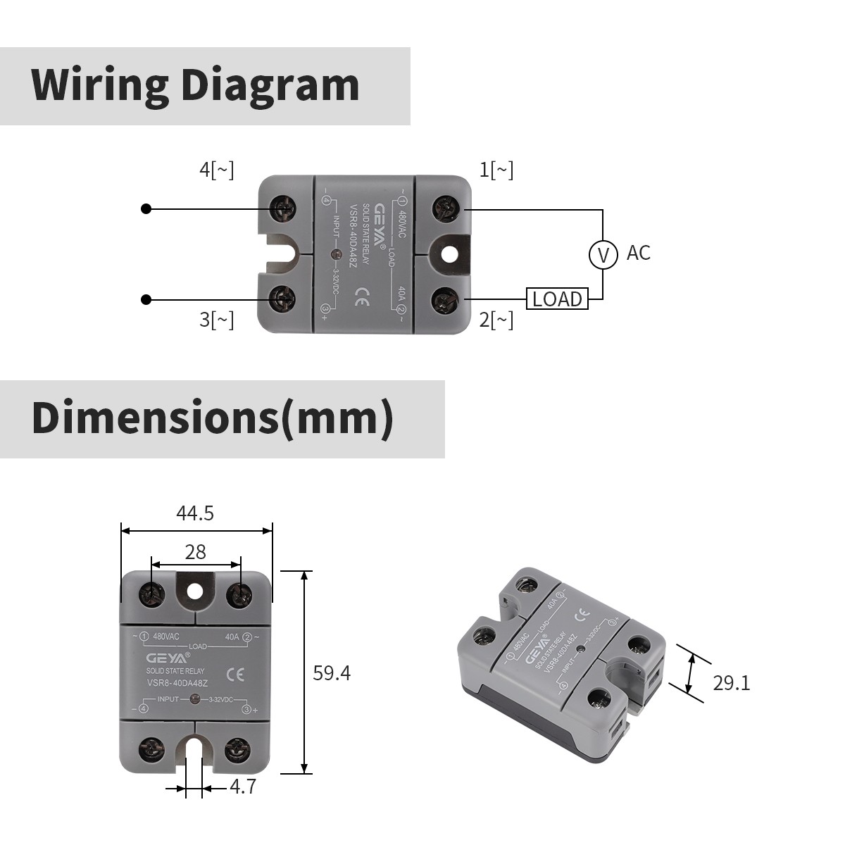 GEYA Solid State Relay Module SSR-10/25/40/60/80DA 3-32VDC to 24-480VAC VSR8-DA