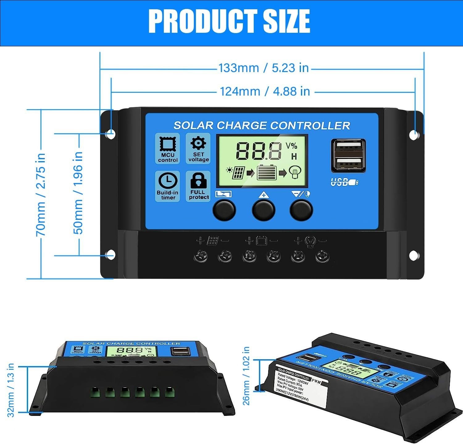 Smart 30A PWM Solar Charge Controller - LCD Display, Timer & Safety Protections