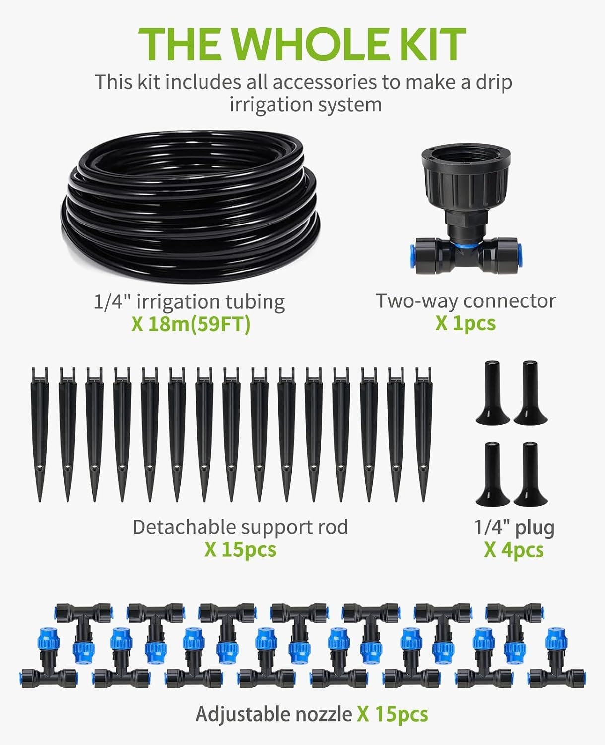 59FT Drip Irrigation Kit, Quick-Connect Garden Watering System with 15 Adjust...