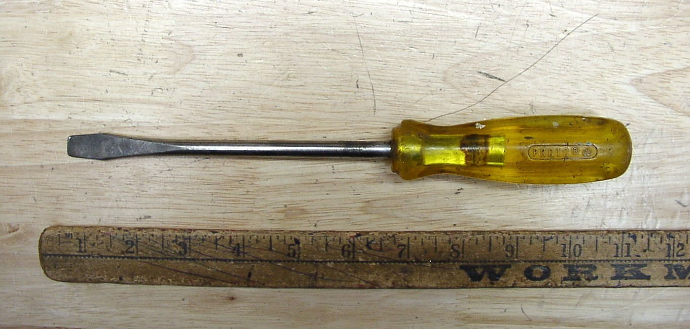 Vntg  Proto 9606 USA Screwdriver,Yellow  Plastic Handle,10-1/4",W/3/8" Std Tip