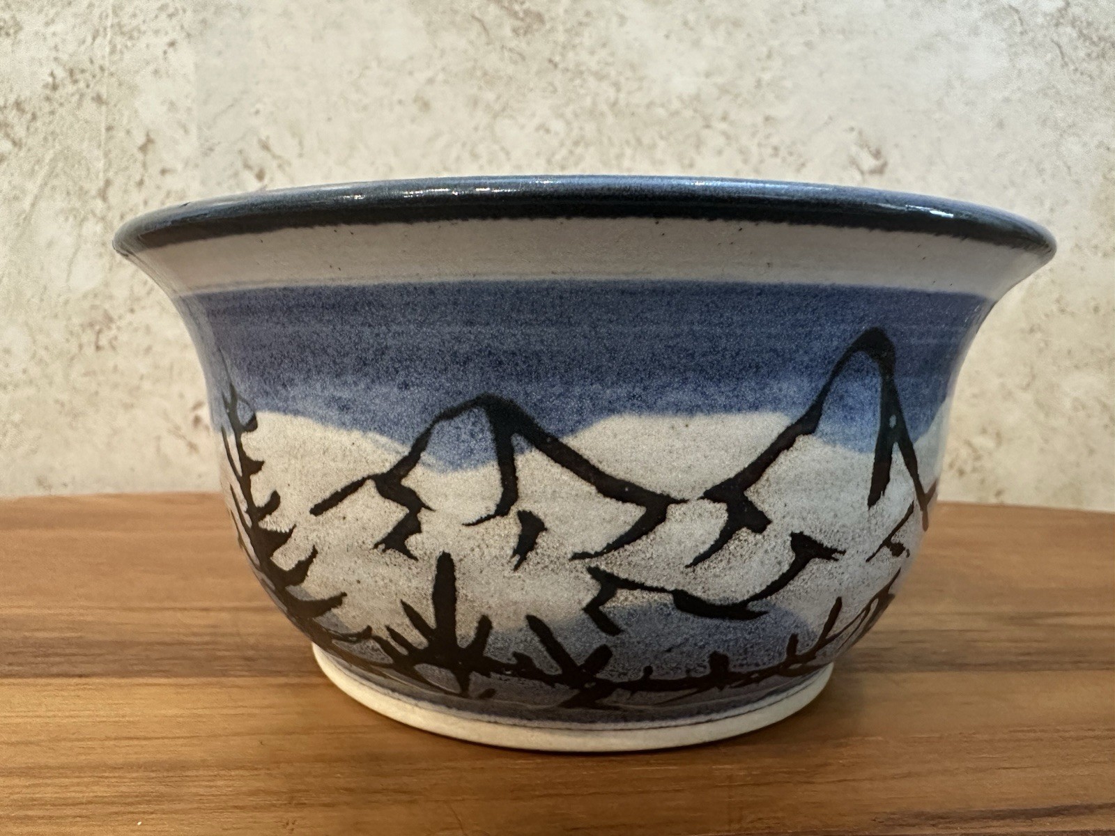 Studio Pottery Bowl Signed Hitken Mountain Landscape Blue Black Rustic 6”