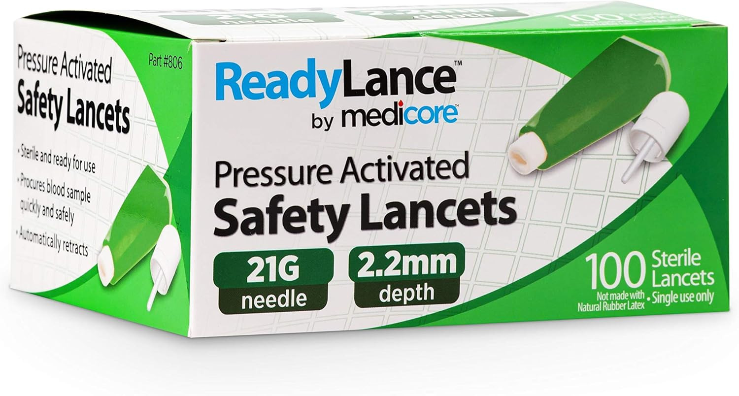 Pressure Activated Safety Lancets, 100 Lancets, 21Gx2.2Mm, Green
