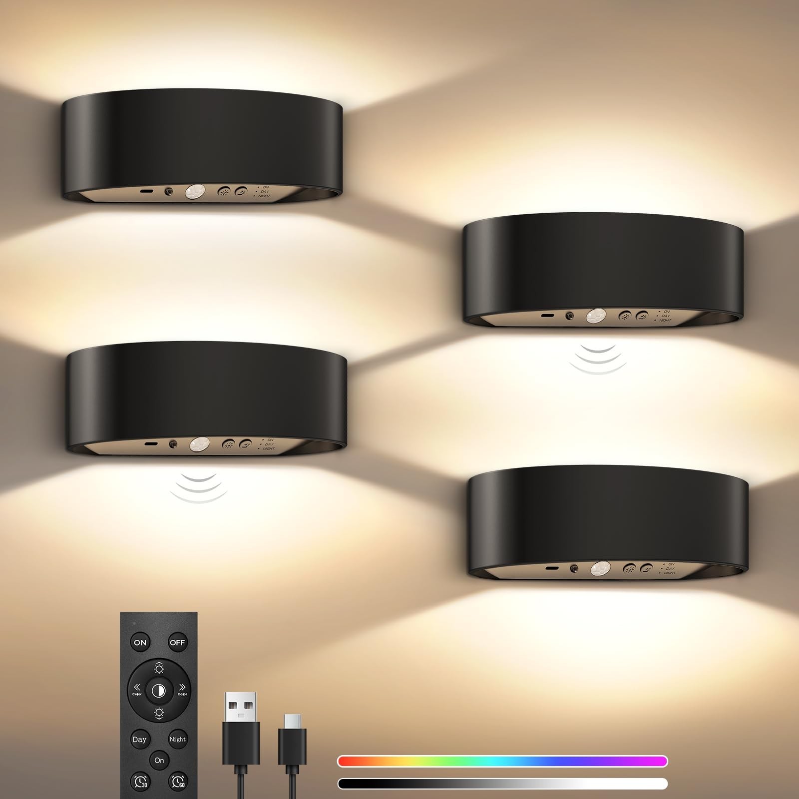 Motion Sensor Wall Sconces Set of 4, Rechargeable 5000mAh Battery Operated Wa...