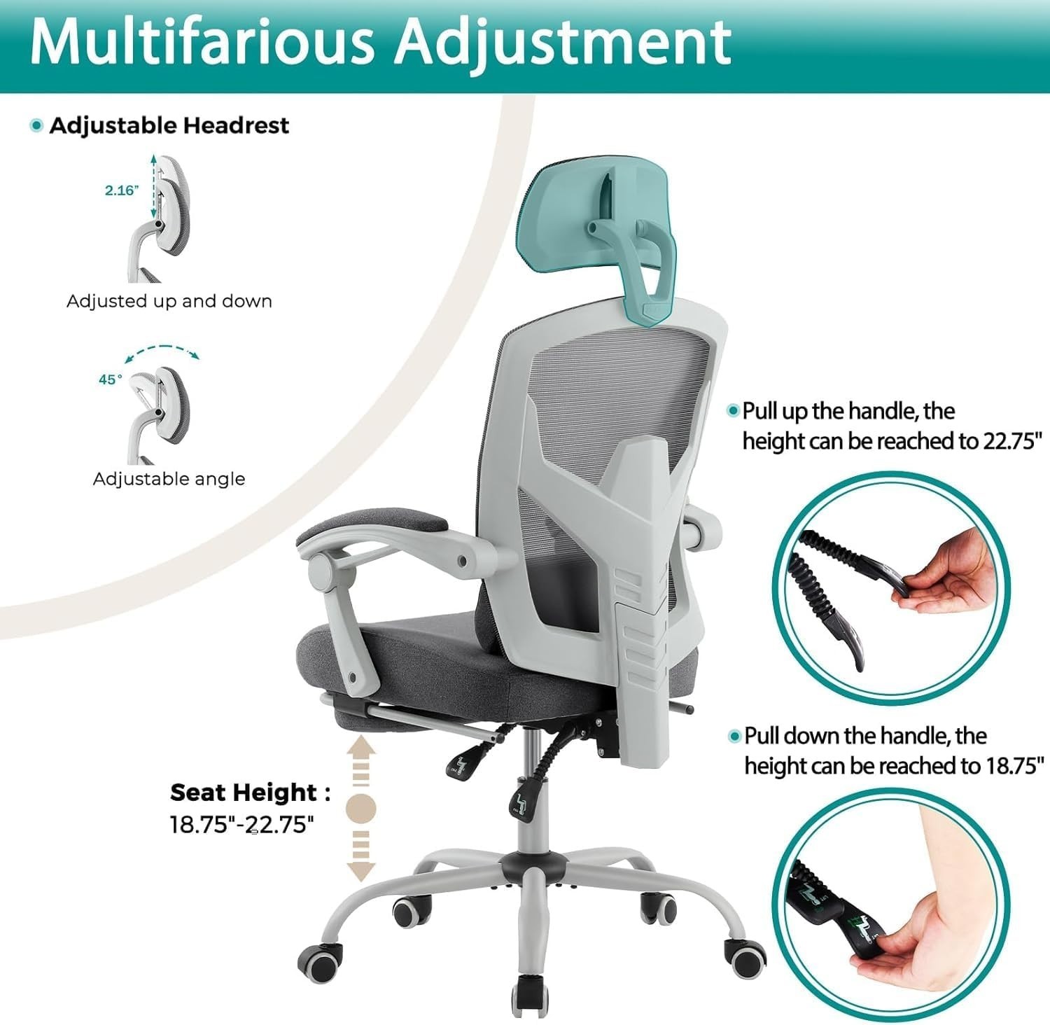 Adjustable Ergonomic Office Chair with Mesh Back & Retractable Footrest - Grey