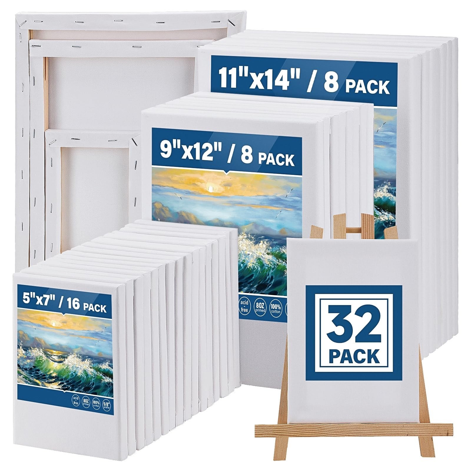 32 Packs Professional Stretched Canvas for Painting, Blank Canvas Art with 5 ...