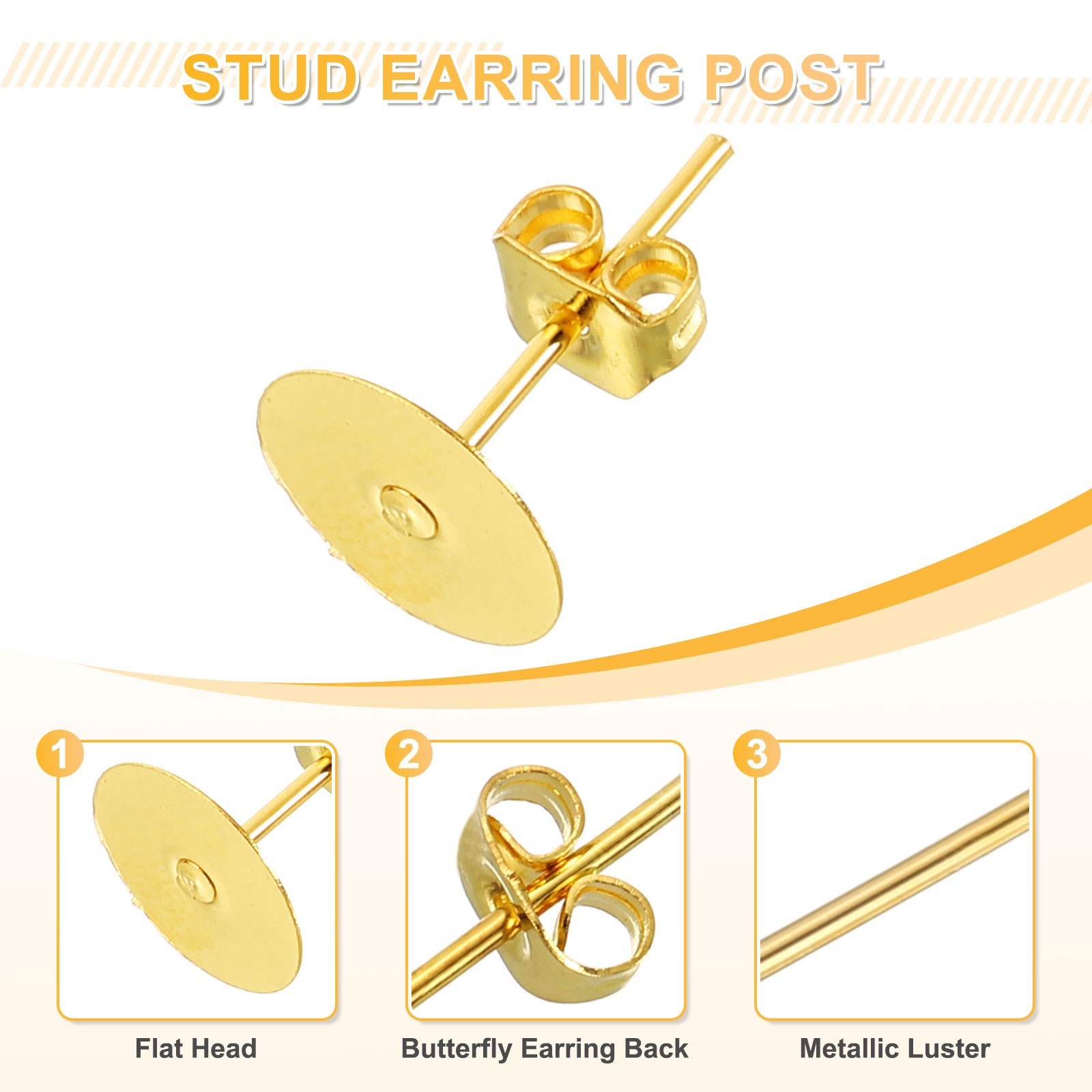 100Pcs Earring Posts and Backs, 8mm/0.31inch Earring Tray Studs, Gold