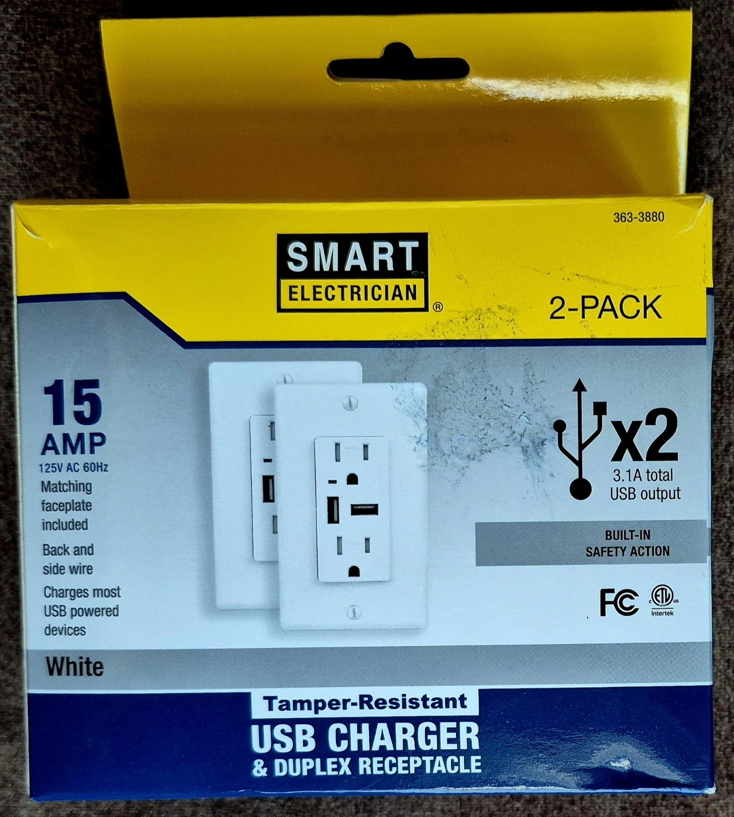 Dual USB-A Charger Duplex 15A Outlet Tamper Resistant 2 pack