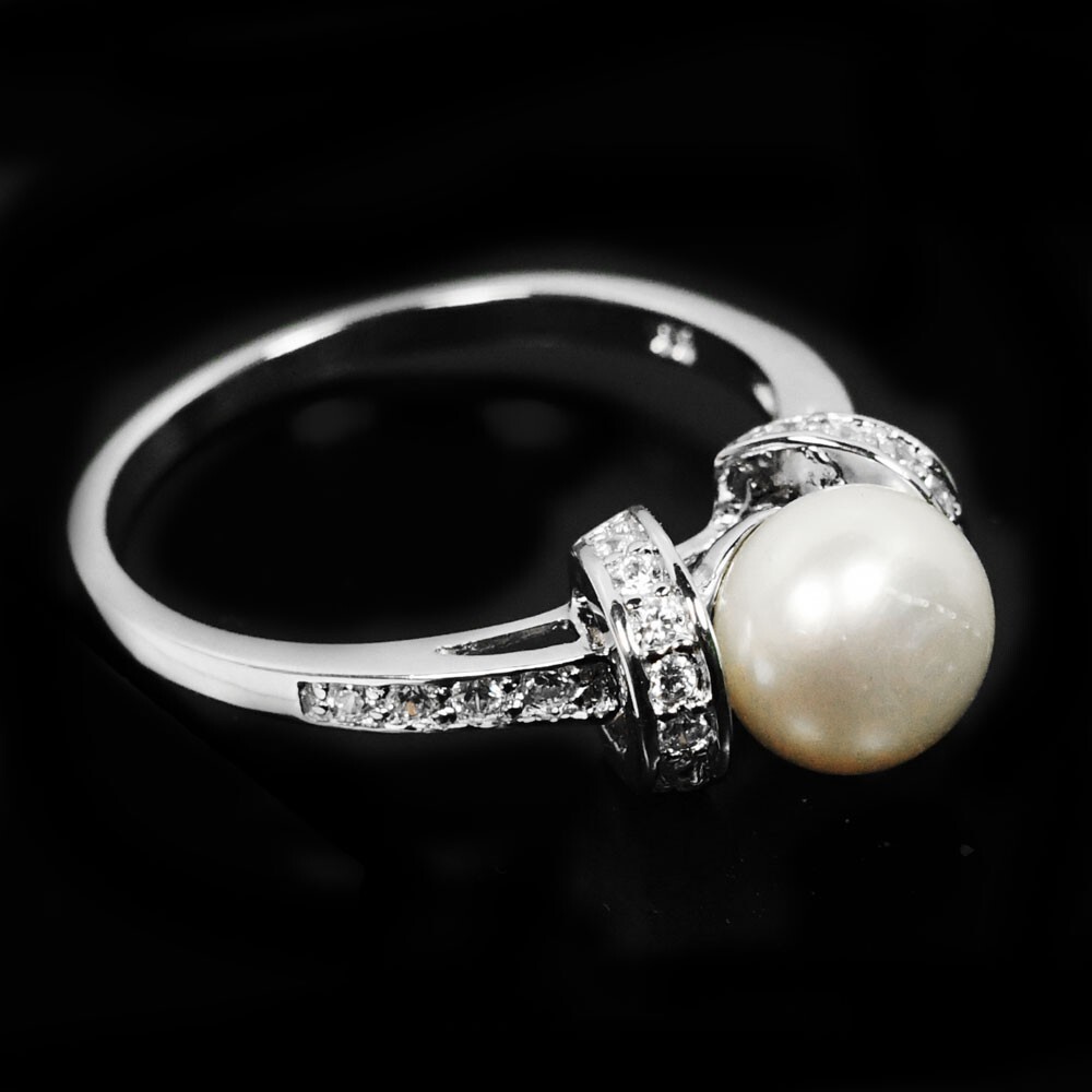 925 STERLING SILVER AAA WHITE PEARL ROUND CABOCHON & CZ RING SIZE 7