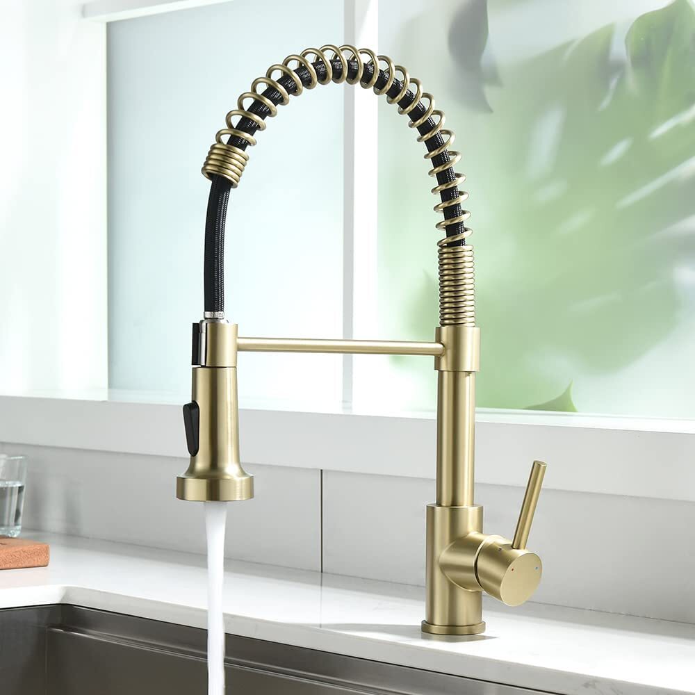 Brushed Gold Kitchen Faucet with Pull Down Sprayer Single Handle Spring Faucet