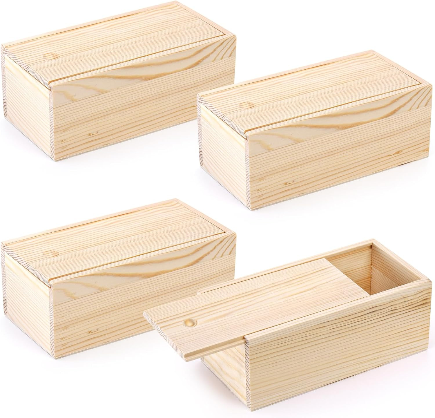4 Pack Unfinished Wood Storage Box with Slide Lid, Vintage Cards Container Small