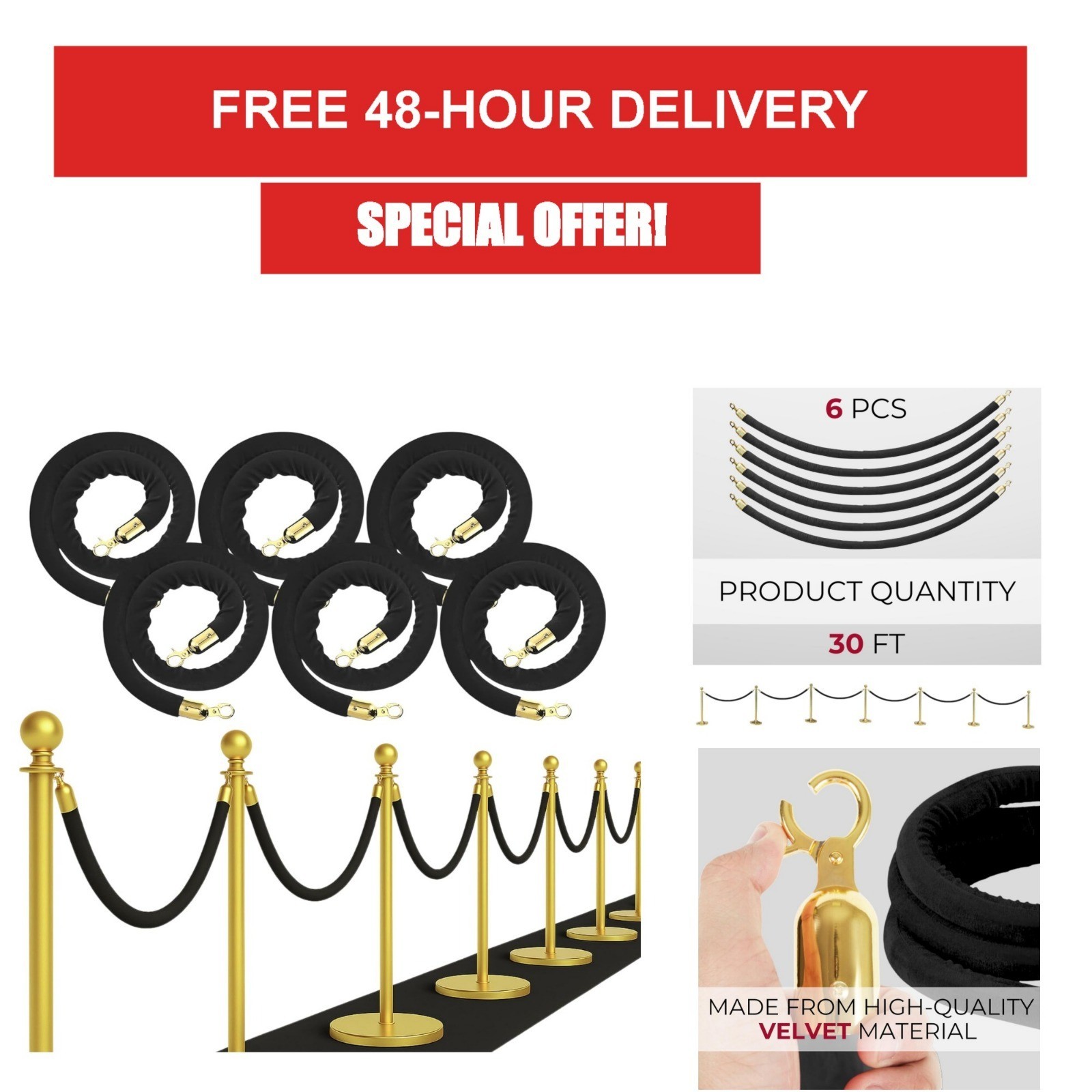 6PCS Black Velvet Rope Stanchion Barrier for Events Crowd Control