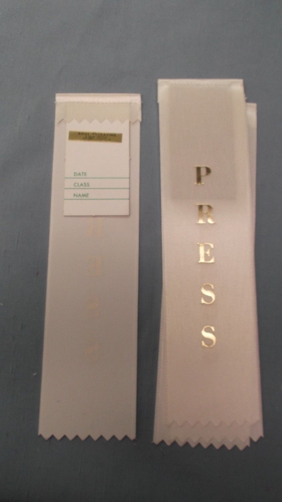 PRESS award white ribbon gold foil letters hemmed top with card lot of 4
