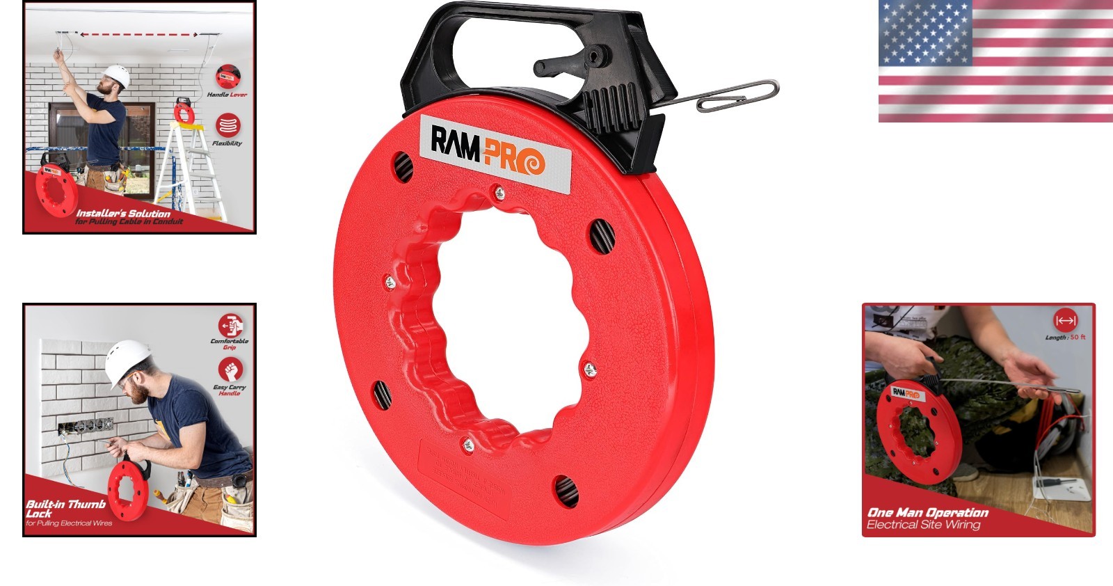 50ft Fish Tape Wire Puller - Durable Steel Tool with Grip and Lock for Easy Use
