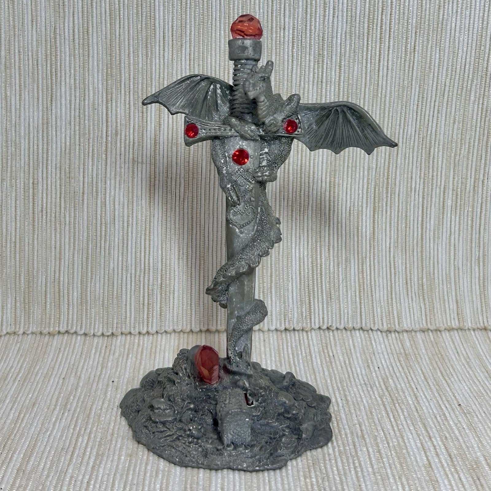 Gothic Dragon with Sword & Red Crystal Gems Pewter Figurine Collectible
