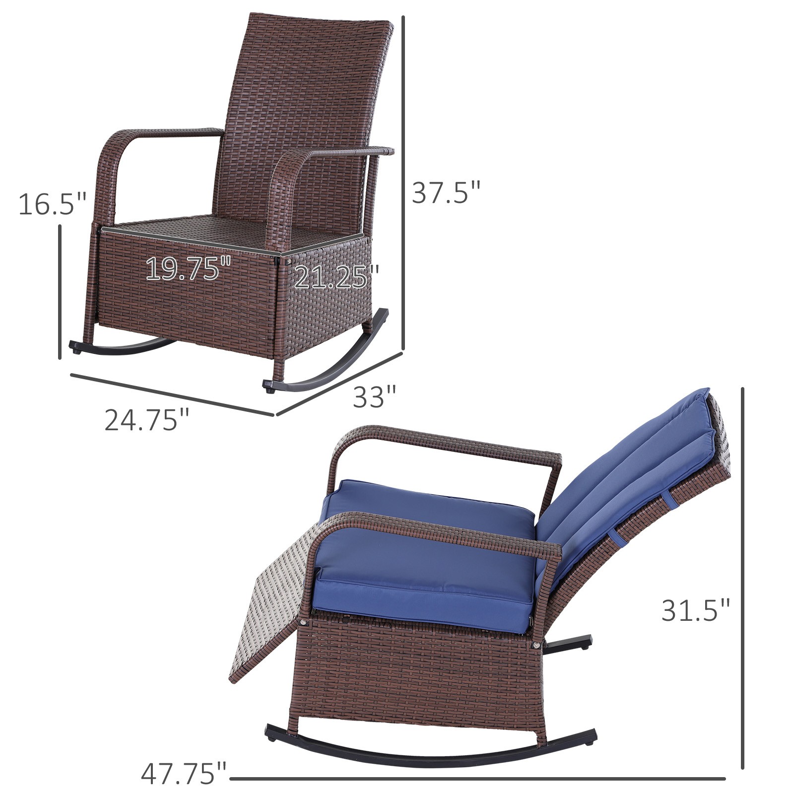 Wicker Outdoor Rocking Chair, Patio Recliner with Adjustment Backrest, PE Rattan