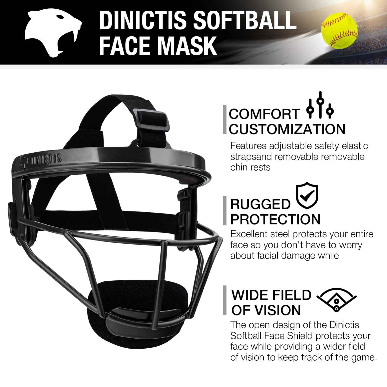 Dinictis Softball Face Mask - Lightweight, Comfortable, Wide View, Durable, Adul
