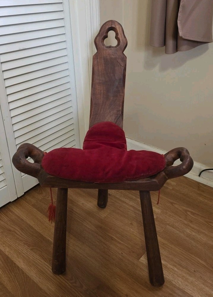 Vintage Wood Birthing Chair, Milking Stool, Hand Carved, Three Legged