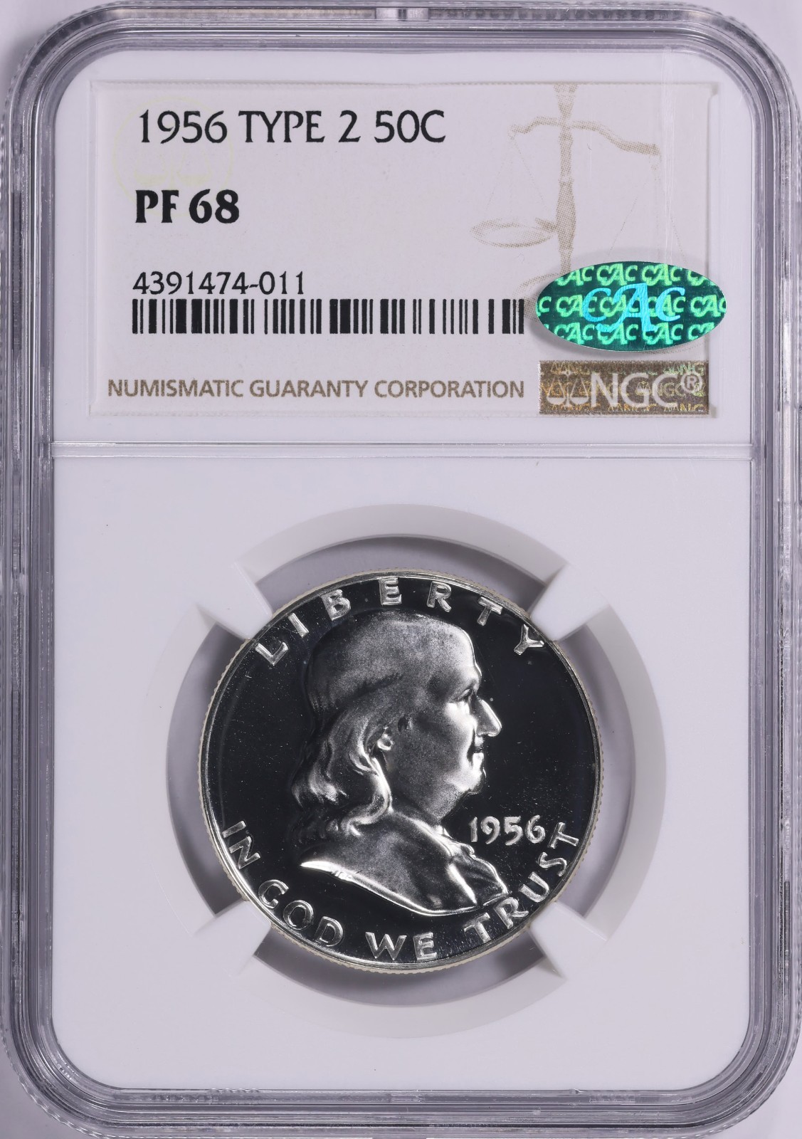 1956 Franklin Half Dollar Proof, Silver 50c, NGC PF68 CAC Green (Type 2)