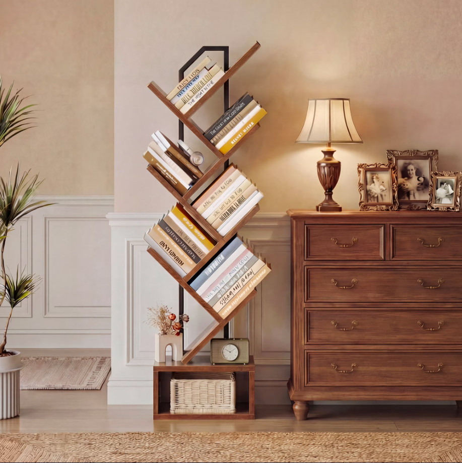 6 Tier Tree Bookshelf Tall Narrow Bookcase Storage Cabinet Wood Metal