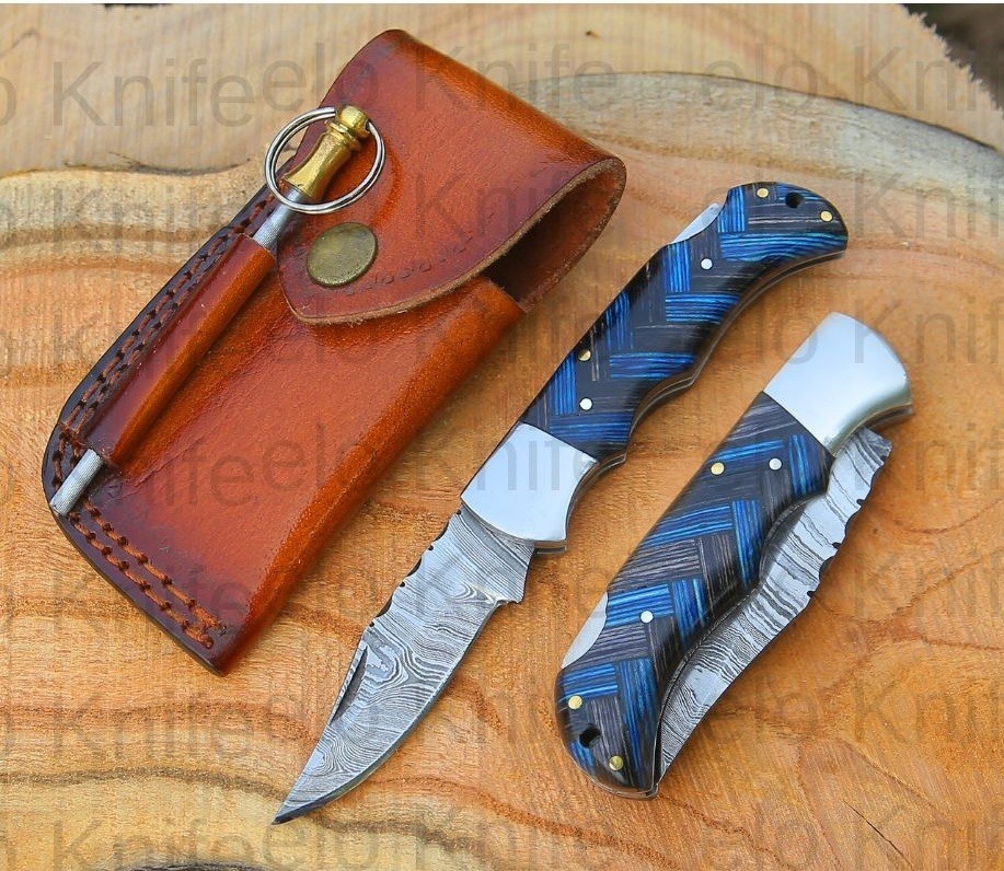 Handmade Folding Knife Damascus Pocket knife Blue Pakka Wood Handle W/ Pouch