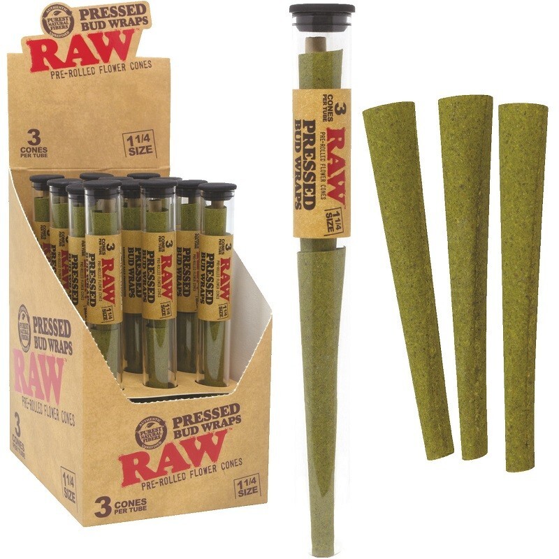RAW Pressed Bud Wraps 1 1/4 Size Pre Rolled Flower Cones 12ct box