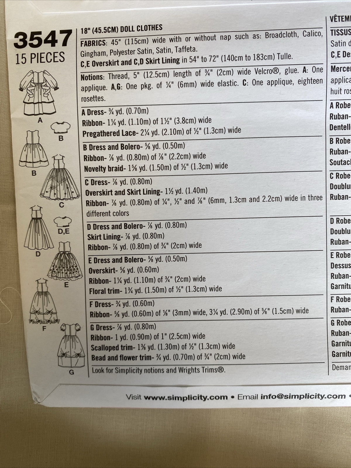 18” Doll Clothes Sewing Pattern Simplicity 3457