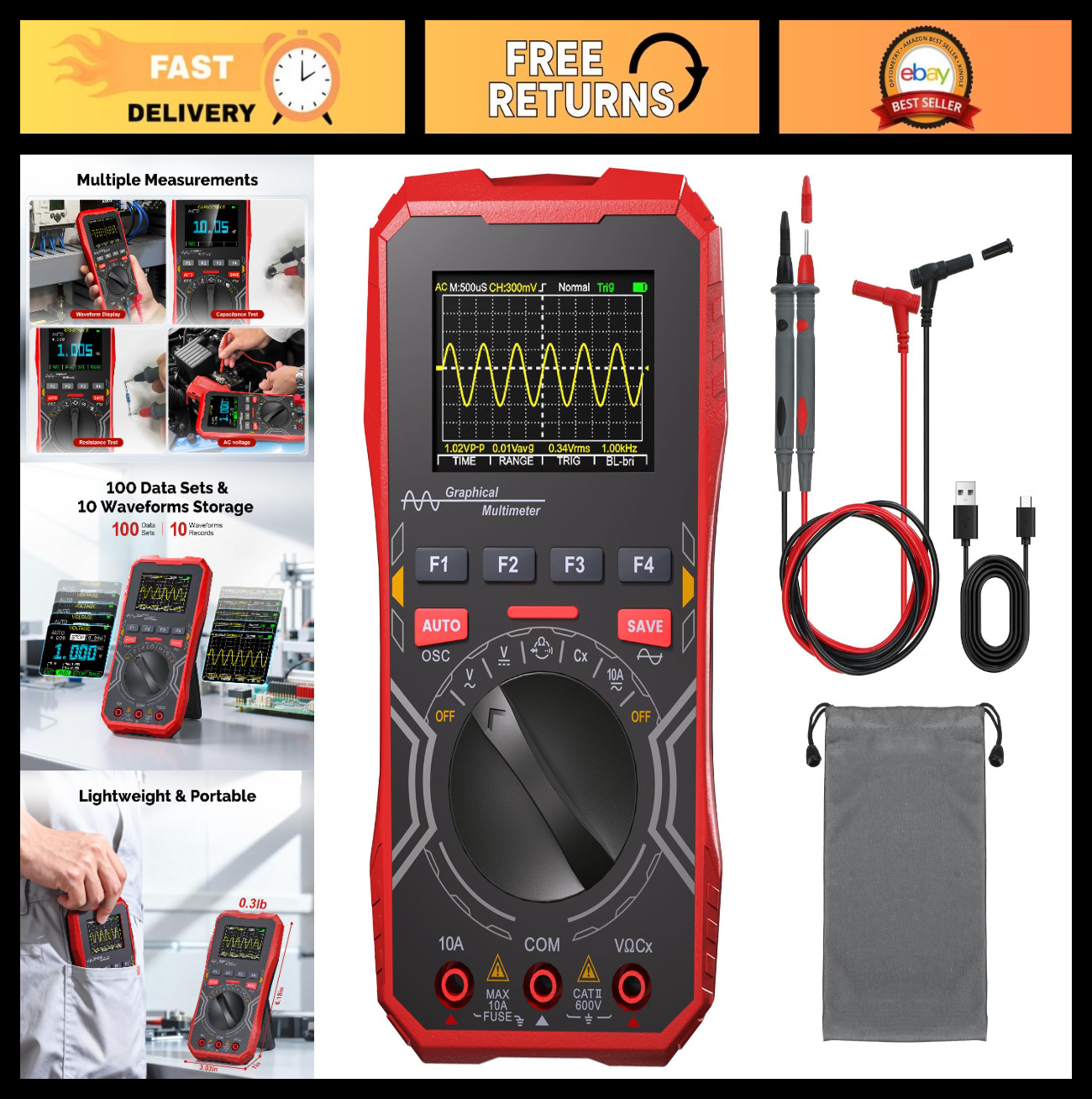 2-in-1 Handheld Oscilloscope & Multimeter Combo, 1MHz, 2.5MS/s, 2.4" Display, DI