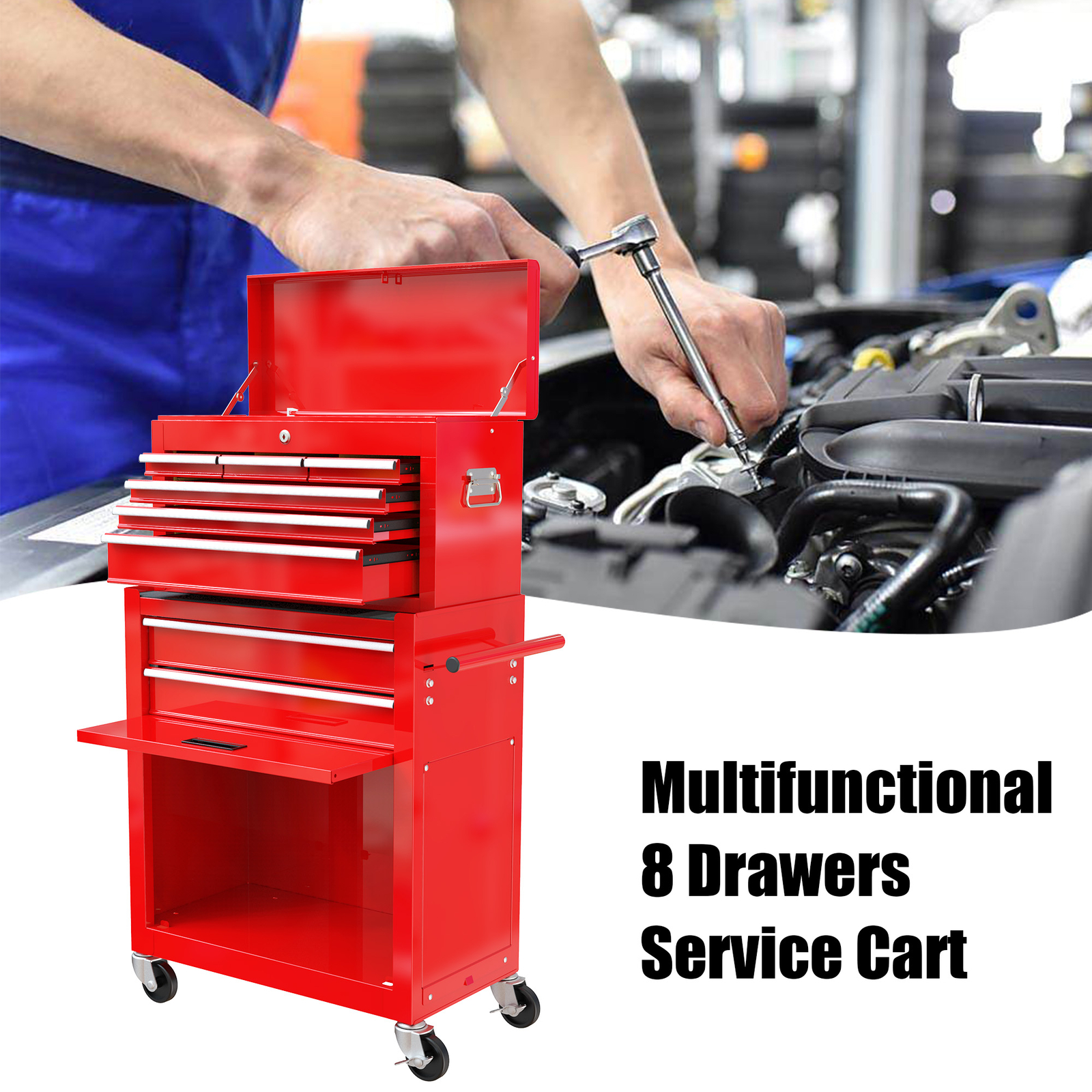 Rolling Tool Box with Wheels and Drawers, 8 Drawer Tool Storage Cabinet
