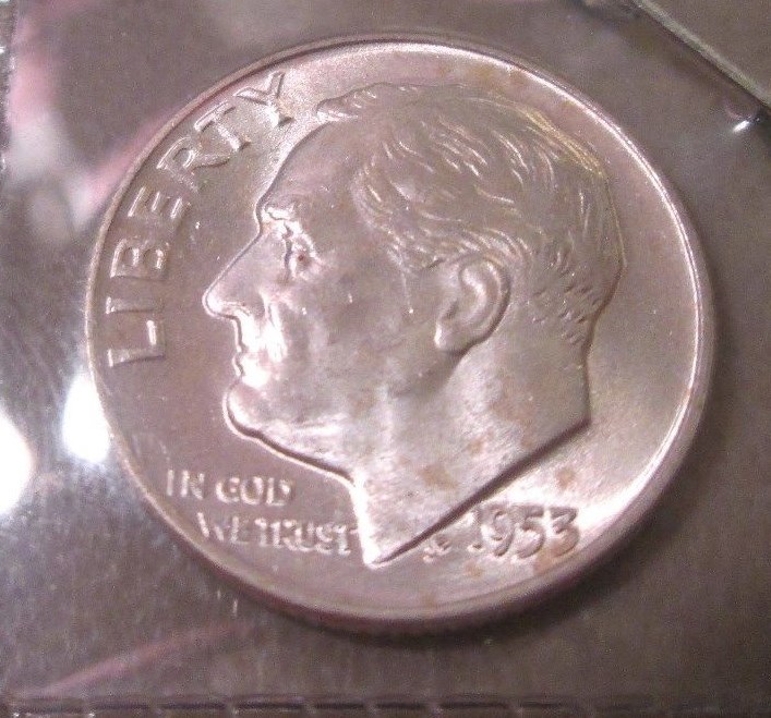 1953-D ROOSEVELT DIME D OVER D GEM XX