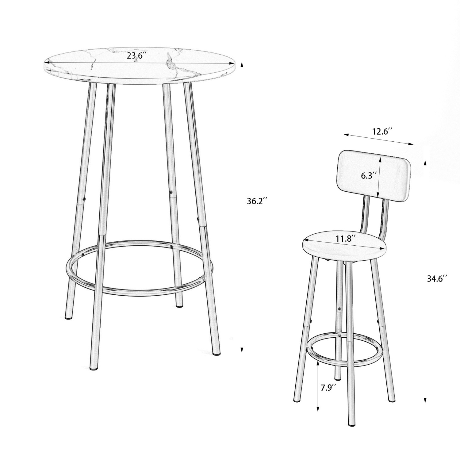 Modern 3 Piece Bar Table Set Counter Height Dining Kitchen Table w/ 2 Bar Stool