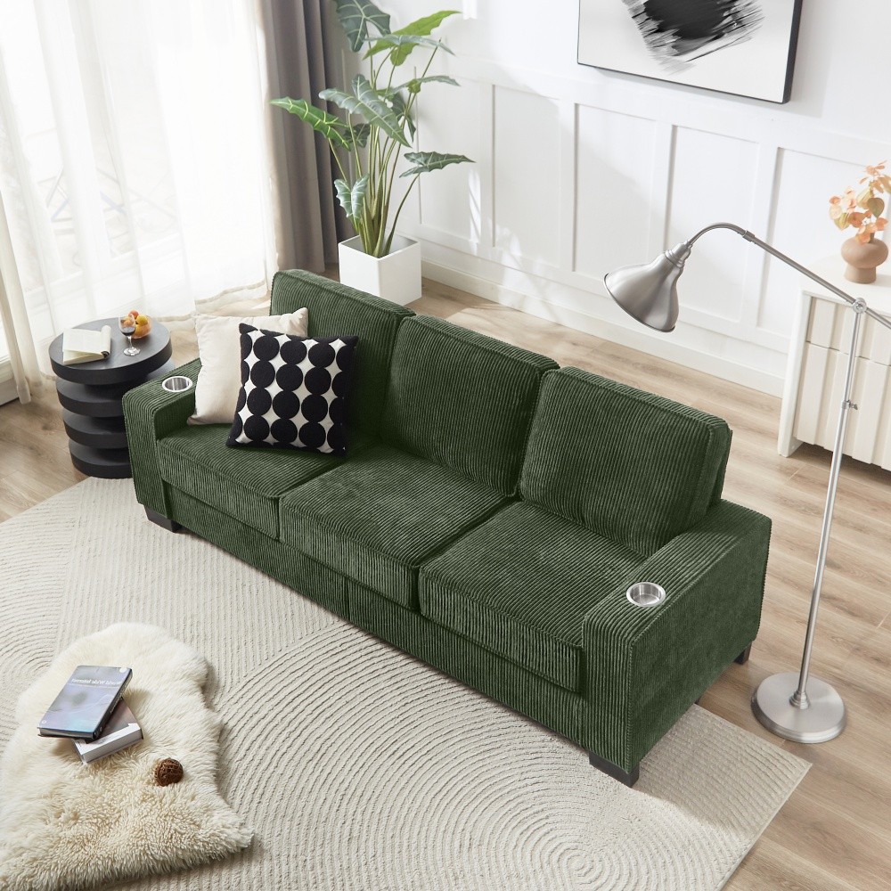 Corduroy Fabric sofa Modern Compressed Couch,3-Seater Sofa for Living Room Green