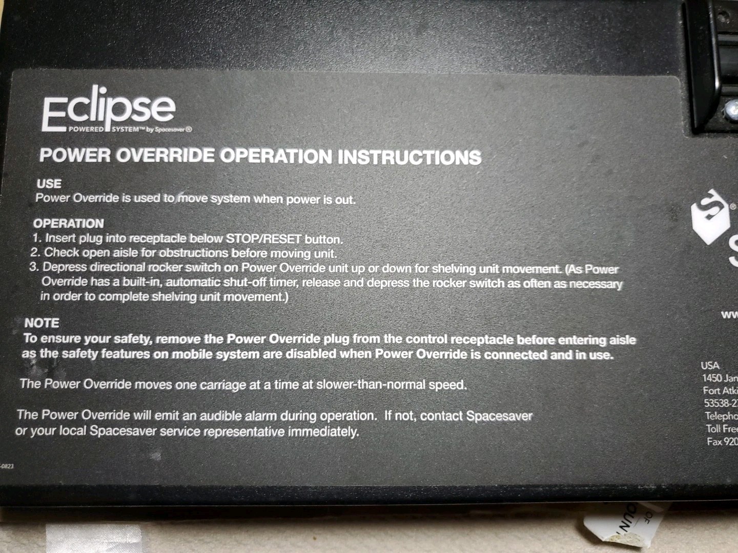 Spacesaver Eclipse Powered System Override .