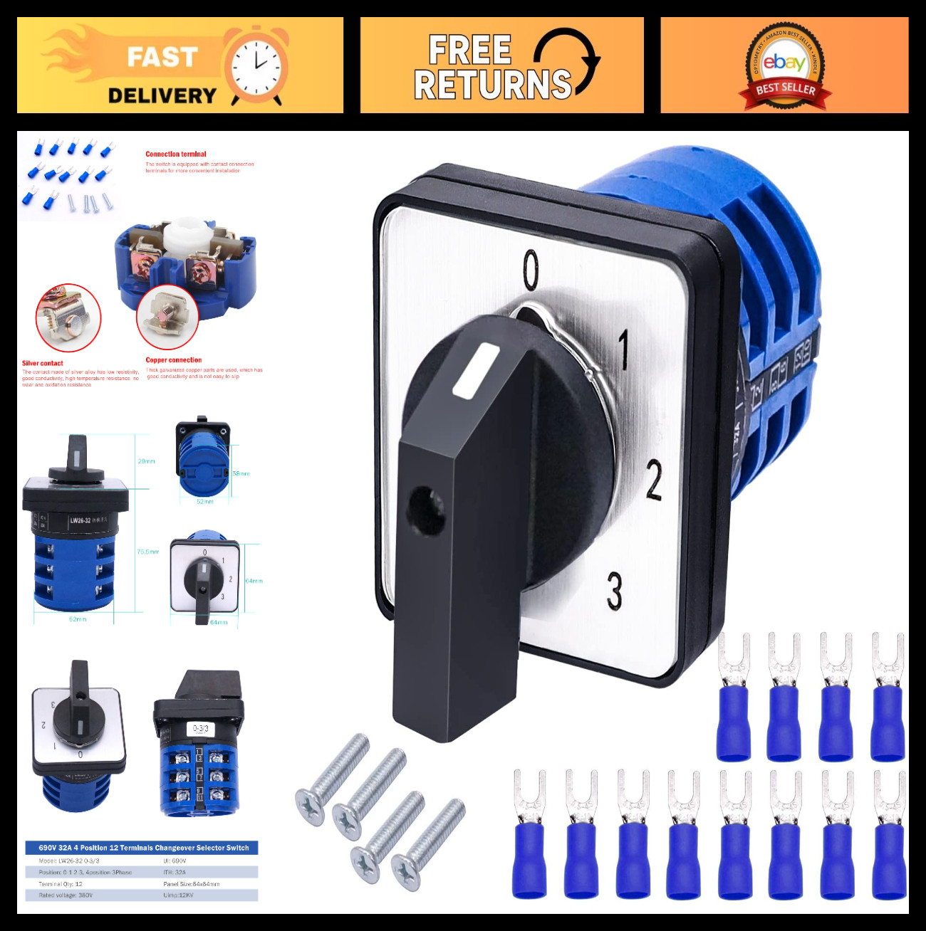 Universal 32A 690V Changeover Switch - 4 Position Latching Rotary Cam Selector +