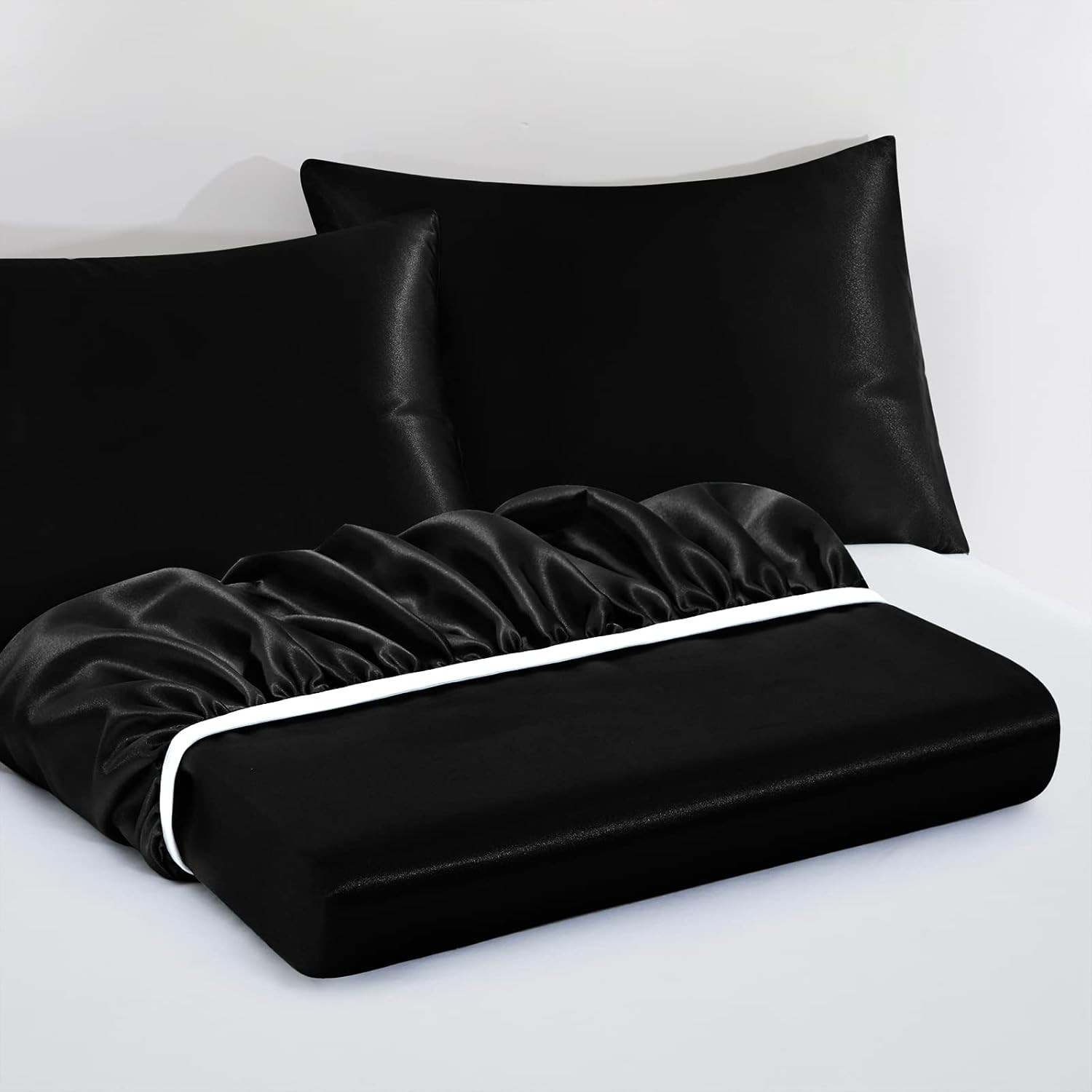 3Pcs Extra Deep Pocket Satin Fitted Sheet Set Queen Bed Set, Black Bottom Sheet