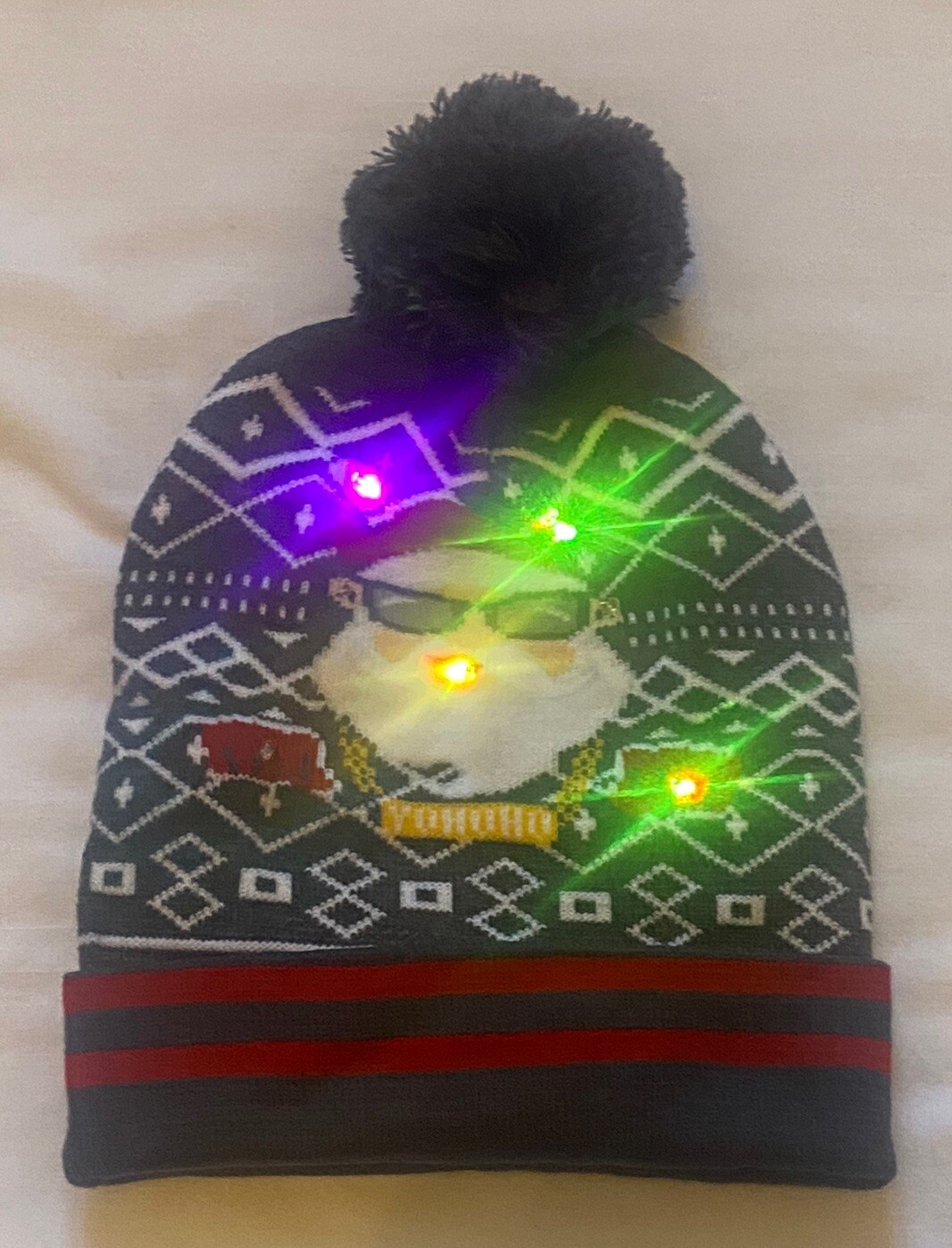 Christmas Light Up Santa Clause Winter Holday Pom Beanie Hat Cap - Youth/Adult