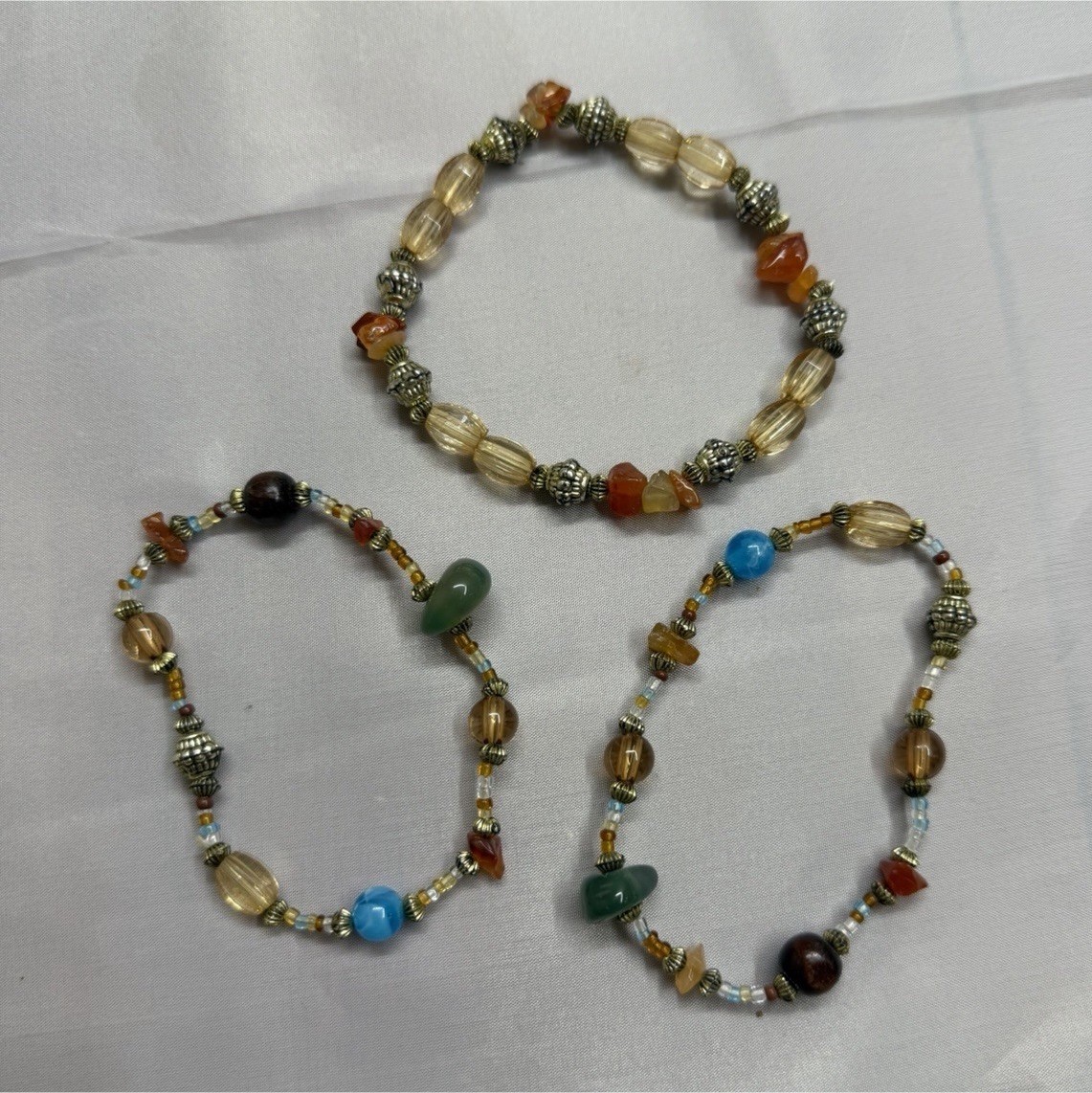 Beaded Gemstone Bracelets Set Multicolor Brass Glass Bohemian Asymmetrical 3 in