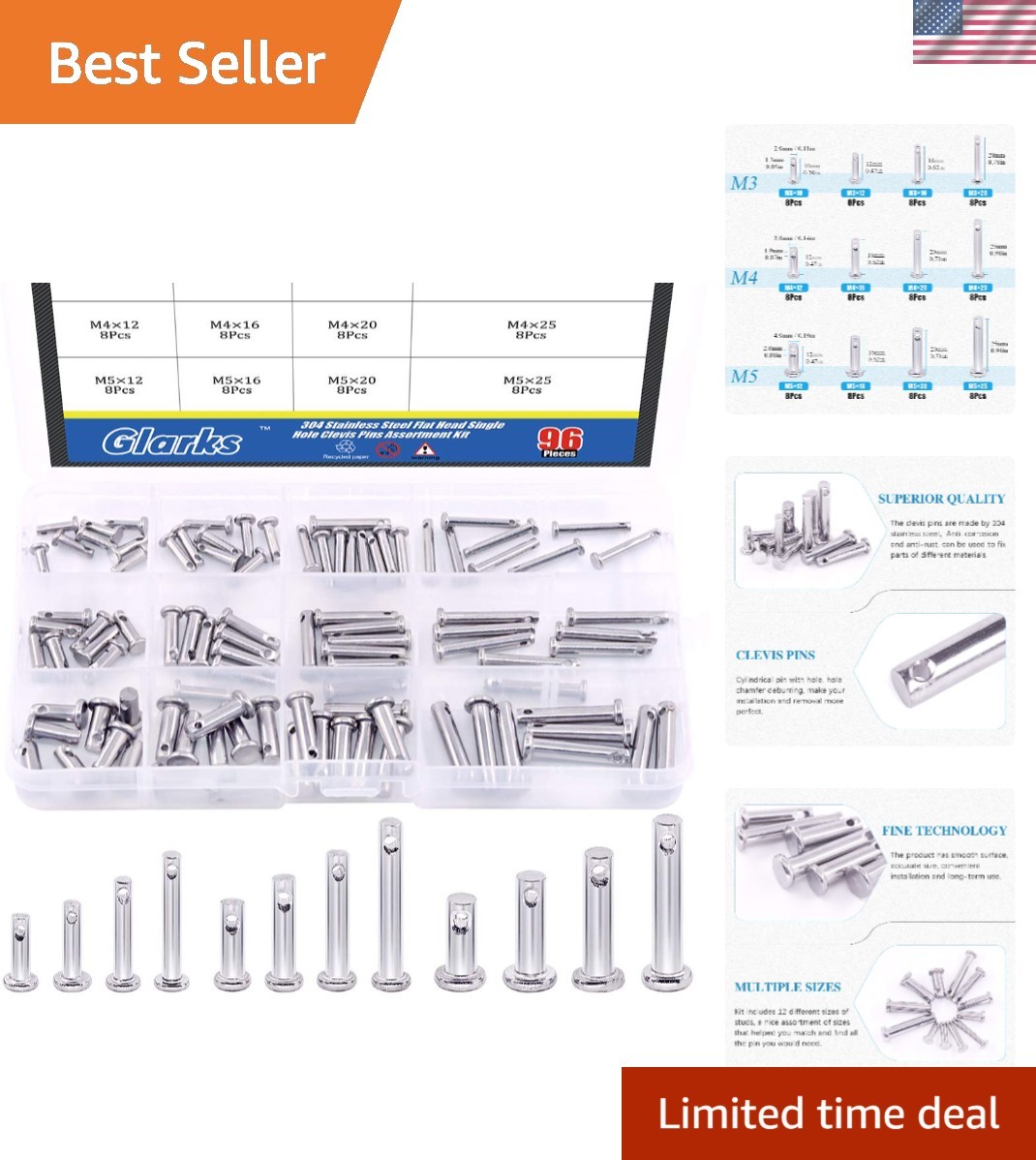 304 Stainless Steel Clevis Pins Kit - 96-Piece Assortment with 12 Sizes Included